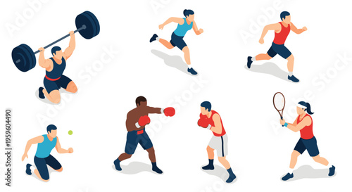 Isometric set of various athletes performing different sports activities including weightlifting, running, boxing, and tennis.