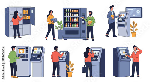 Collection of people interacting with various automated machines including ATMs, vending machines, and package lockers.