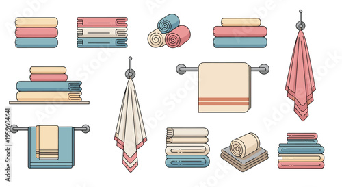Assorted bathroom and kitchen towels in various colors shown in folded stacks, rolls, and hanging on wall hooks or rails.