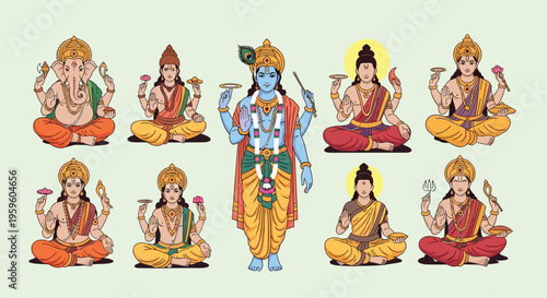 Traditional illustrations of multiple Hindu gods and goddesses seated in meditative poses with their unique symbols and attributes.