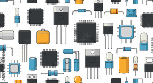 Seamless pattern featuring a wide variety of colorful electronic components such as microchips, capacitors, and resistors.