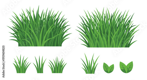 Set of various green grass patches and small leaf clusters on a white background for landscape design elements.
