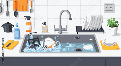 Messy kitchen sink filled with soapy water bubbles and many dirty dishes including plates, bowls, and cutlery.