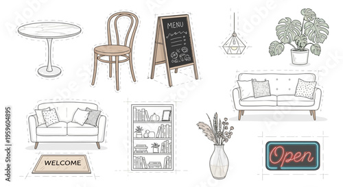 Furniture and decor for a cafe.