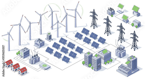 Isometric illustration of a sustainable renewable energy system including wind turbines, solar panels, and power grids.