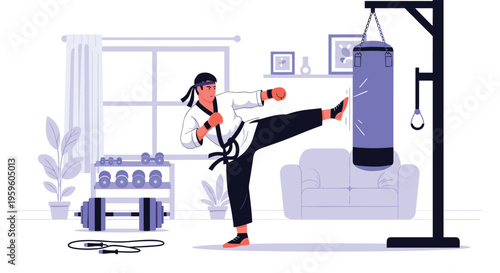 Strong man in a martial arts uniform practicing high kicks on a hanging punching bag in a home gym setting.