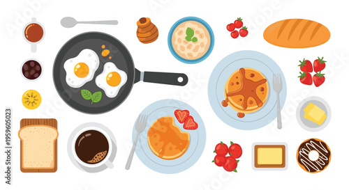 Flat lay composition of a delicious breakfast spread featuring pancakes, fried eggs, bread, coffee, fruit, and honey.