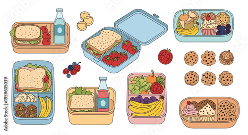 Assorted colorful lunch boxes filled with healthy and delicious meals like sandwiches, fruits, cookies, and snacks.