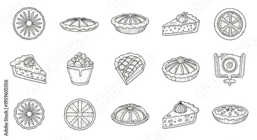 Variety of pies and desserts icons.