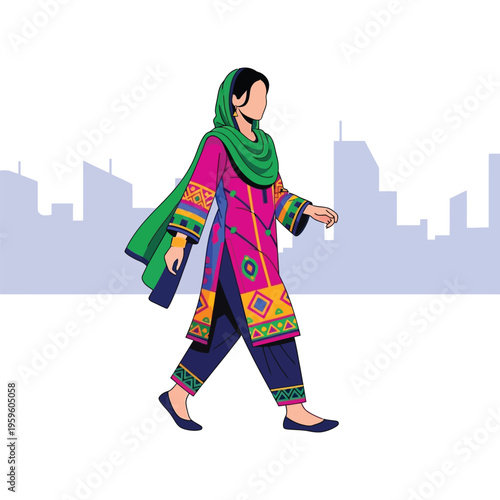 Pakistani woman walking in city, wearing traditional shalwar kameez and green dupatta