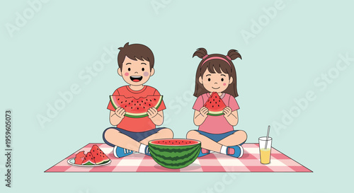 Happy boy and girl sitting on a checkered picnic blanket and enjoying large slices of fresh red watermelon.