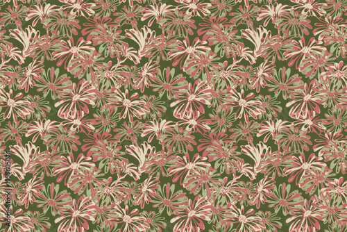 Seamless floral pattern with expressive hand drawn flowers in coral and cream tones on an olive green background. Decorative botanical repeat suitable for textiles, fashion prints, wrapping paper