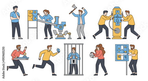 Various people engaging in escape room activities such as solving puzzles, unlocking cages, and using tools to find clues together.