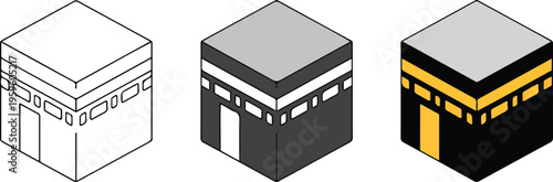 Professional Kaaba icon set featuring the holy Islamic pilgrimage site in Mecca in minimalist line art and flat styles.