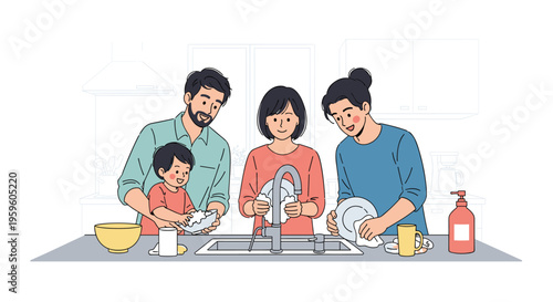 Happy family of four working together to wash and dry dishes at the kitchen sink in a modern and bright home environment.