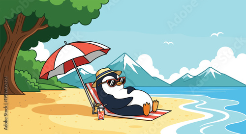 Cute penguin wearing sunglasses and a sun hat relaxing on a beach chair under an umbrella with a tropical drink on a sunny day.