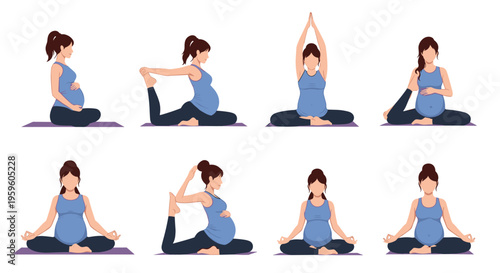 Collection of pregnant women performing various yoga and meditation poses to maintain health and wellness during pregnancy on mats.