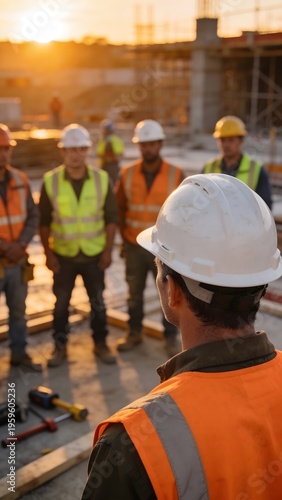 Construction team in safety helmets during site briefing at sunset, teamwork and industrial leadership concept, workplace safety and project coordination in construction environment