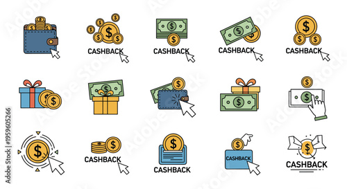 Large set of icons representing cashback rewards, financial savings, and online shopping benefits with coins, wallets, and mouse cursors.
