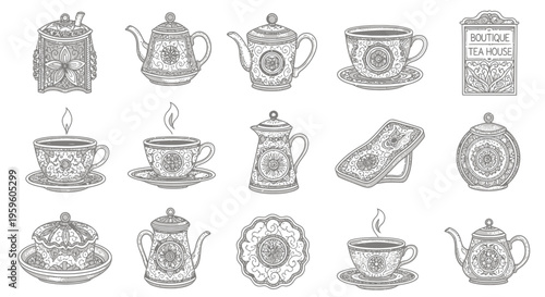 Vintage tea set collection illustration.