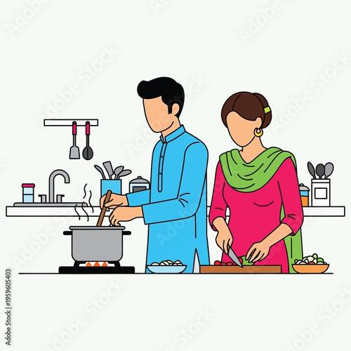 Couple cooking in modern kitchen, man prepares food, woman chops vegetables