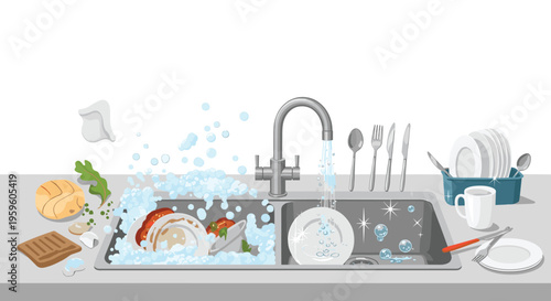 Kitchen sink filled with soap bubbles and clean dishes while water runs from the faucet in a bright and tidy kitchen environment.
