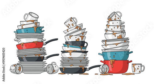 Three tall and precarious stacks of dirty plates, bowls, and mugs stained with food leftovers and coffee against a white background.