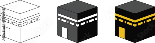 Professional Kaaba icon set featuring the holy Islamic pilgrimage site in Mecca in minimalist line art and flat styles.