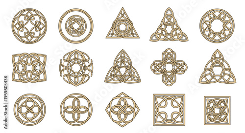 Various intricate celtic knot patterns and symbols in different shapes like circles, triangles, and squares for cultural and artistic designs.