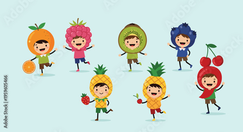 Group of happy and cute children dressed in various fruit costumes such as orange, raspberry, kiwi, blueberry, pineapple, and cherry.