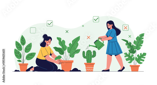 Two women working together to plant and water various indoor or outdoor greenery in pots for a home garden or plant shop concept.