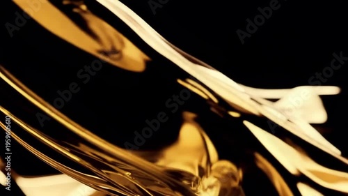 Ultra-Smooth Abstract Loop of Elegant Glossy Metallic Gold Liquid shapes Flowing on Dark Background with Cinematic Lighting for a Luxury Atmosphere.