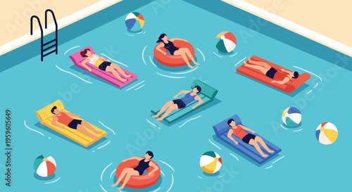 Aerial isometric view of diverse people relaxing on various colorful inflatable floats and playing with beach balls in a bright blue pool.