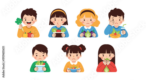 Collection of cute children expressing various emotions like joy and sadness while being presented with healthy vegetable snacks and meals.