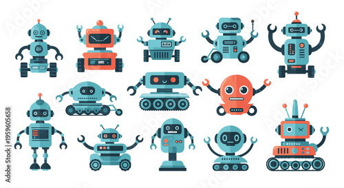 Set of various robot characters with unique shapes, colors, and functions representing future technology and artificial intelligence concepts.