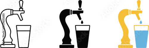 Professional beer tap icon set featuring draught ale service and pint glass symbols in minimalist line art styles.