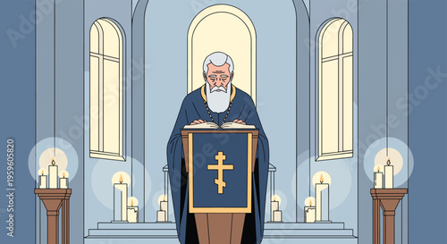 Orthodox priest in traditional blue robes reading a holy book at a lectern with a cross inside a church interior lit by many glowing candles.