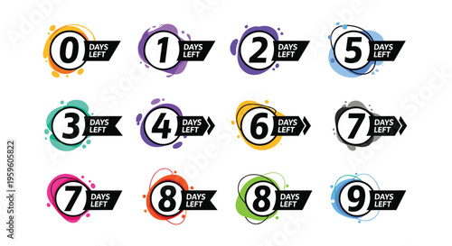 Colorful set of countdown badges and labels indicating the number of days left from zero to nine for promotional sales or upcoming events.