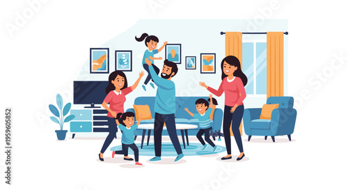 Happy family with children and adults playing together and dancing in a cozy modern living room with a blue sofa and framed wall pictures.