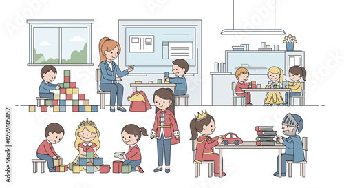 Group of happy children playing with building blocks dressing up in royal costumes and reading books together in a cozy classroom or playroom.