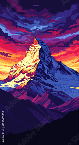 Dramatic Vector Illustration of a Snow-Capped Mountain Peak Under a Fiery Sunset Sky, Awe-Inspiring Landscape Art