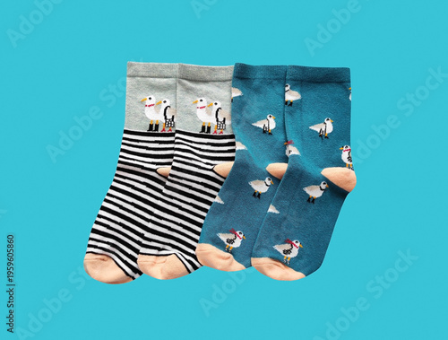 Colorful cotton socks with a beautiful print. Stylish everyday accessory, comfortable clothing for daily wear, minimalist composition.