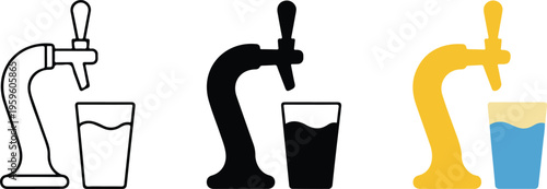 Professional beer tap icon set featuring draught ale service and pint glass symbols in minimalist line art styles.