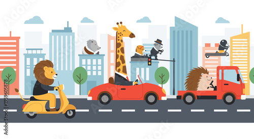 Whimsical city street scene with anthropomorphic animals like a lion giraffe hedgehog and bear driving colorful cars a scooter and skateboard.