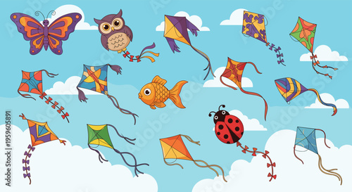 Variety of colorful kites in creative shapes like butterflies owls fish and ladybugs flying high in a bright blue sky with soft white clouds.