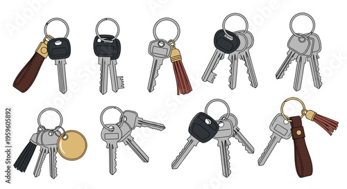 Assorted keychains with various metal keys leather fobs and colorful tassels arranged neatly on a white background in a detailed illustrative style.