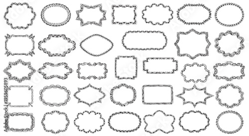 Comprehensive collection of diverse decorative black line border frames in various shapes including ovals rectangles and ornate scroll designs.