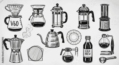 Coffee makers and brewing equipment collection.