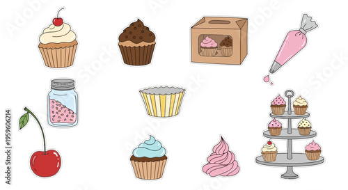 Colorful cupcakes and baking supplies.