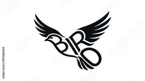 Minimalist black bird calligram with the word "BIRD"
